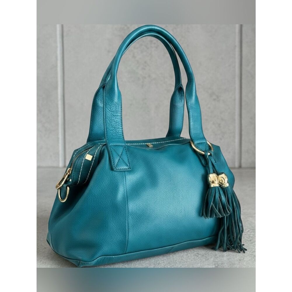 Cuore &โPelle Amelia pebbled leather teal satchel handbag tassel hardware